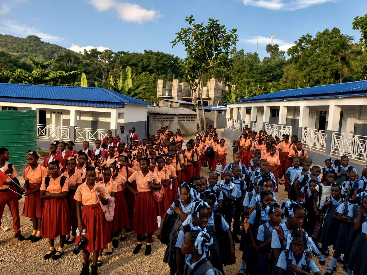 A large outdoor assembly of students in multiple uniform colors fills an HEF school courtyard with the mountains of southern Haiti visible