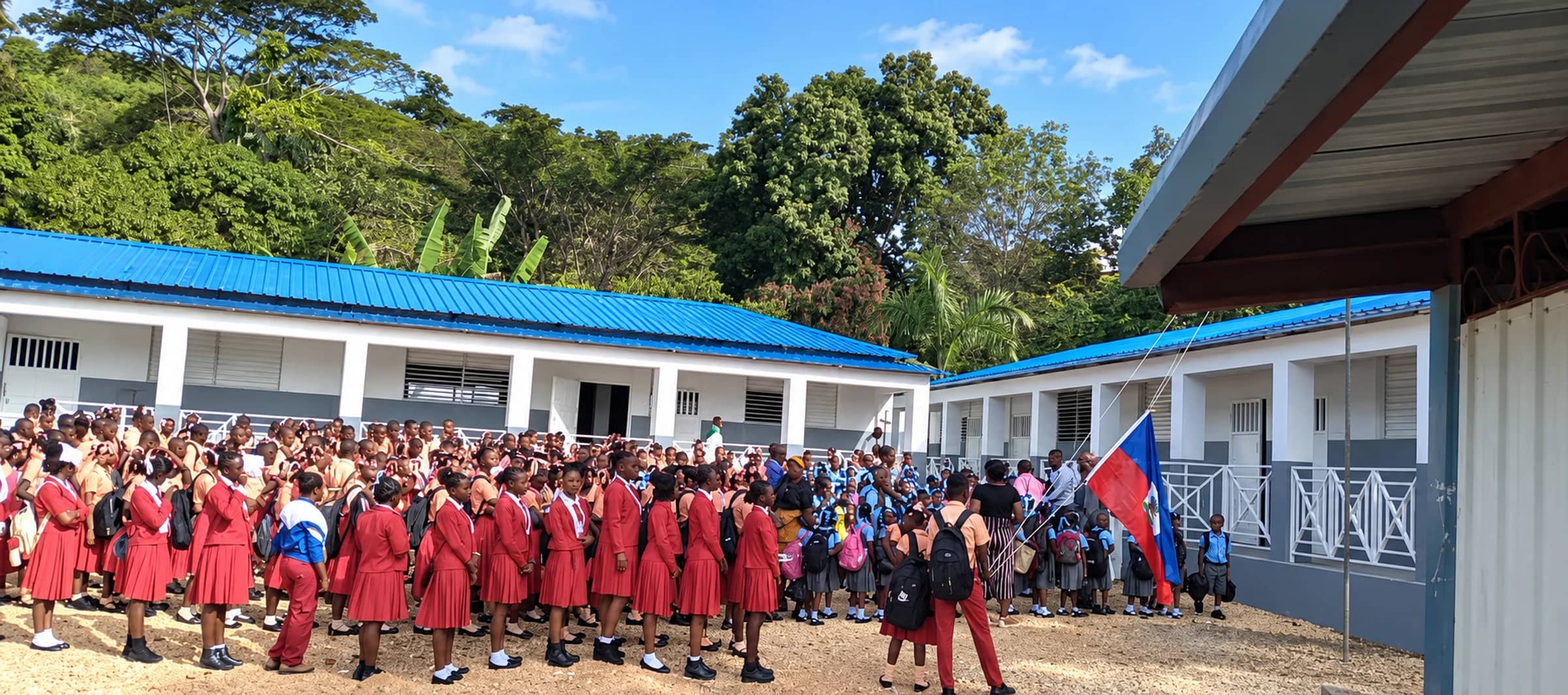 Students in red and blue uniforms gather for assembly beside the Haitian flag in front of their blue-roofed school