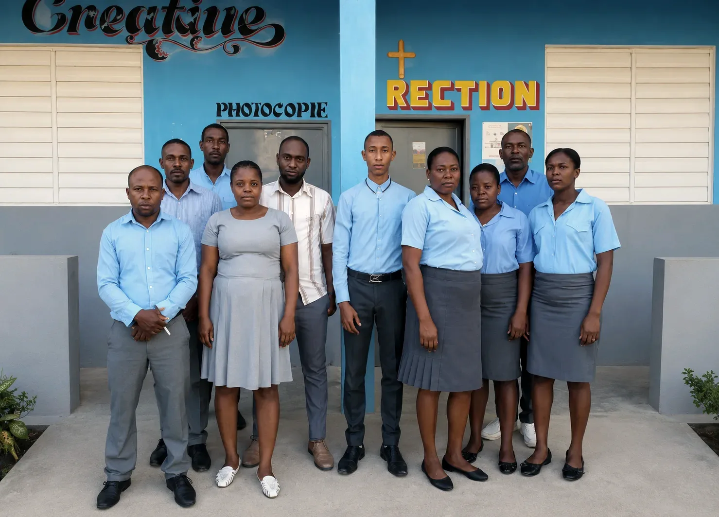 A group of school staff and adults in blue and white uniforms stand together at the school