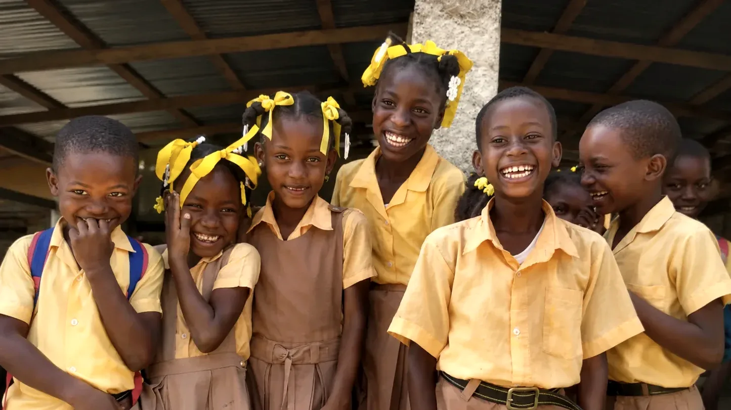 A group of girls smiling together in the mountains of southern Haiti
