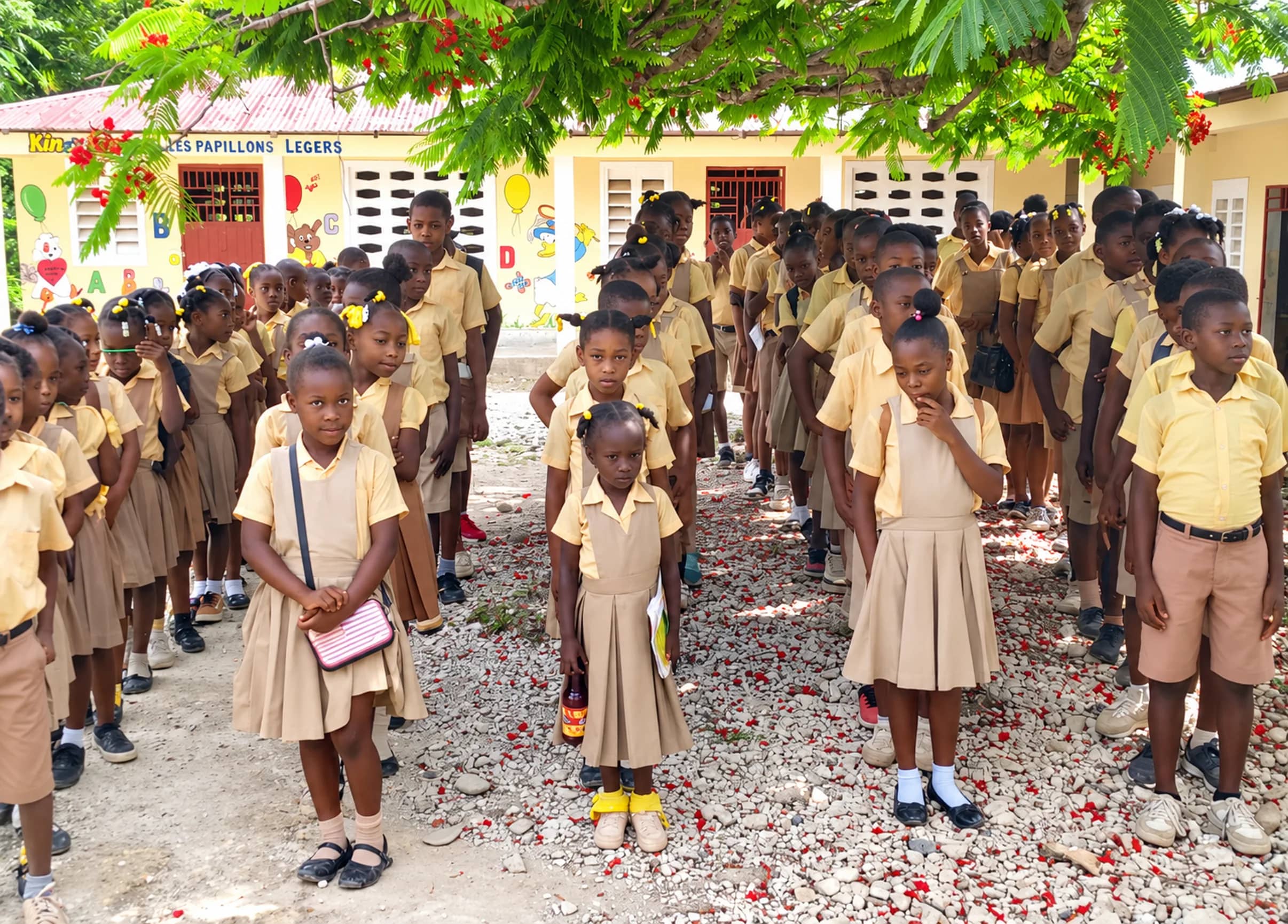 Students in tan uniforms line up under a flowering flame tree outside their school