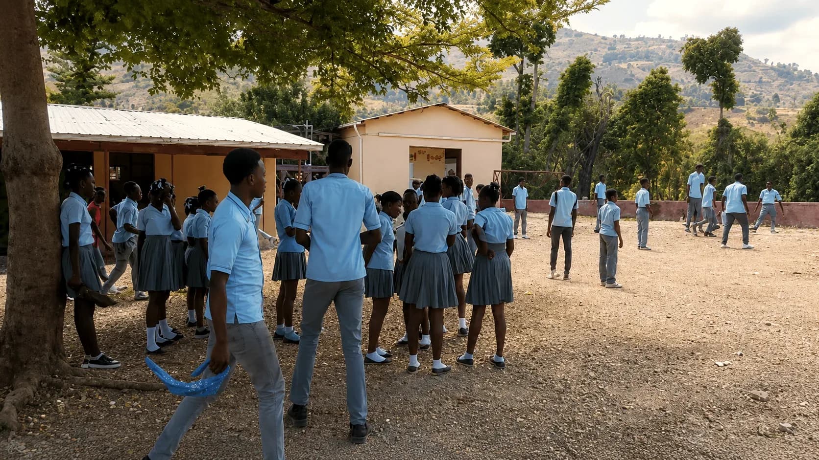 Students gather outdoors in the school grounds with mountains in the background